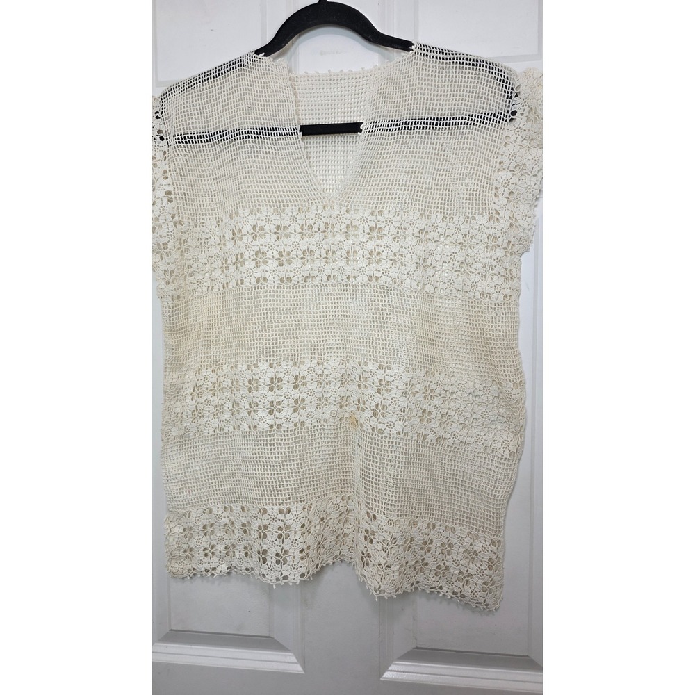 Unbranded Crochet Lace Top Women M Cream Boho Beach Vacation Sheer Mesh Cover Up